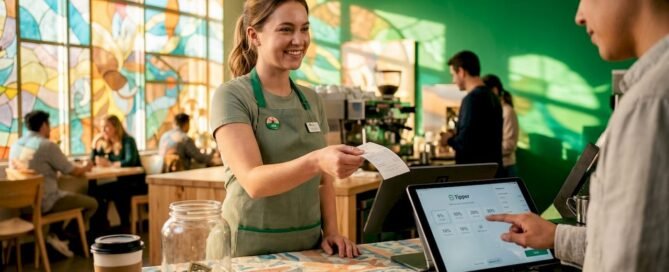 Café barista and customer tipping moment
