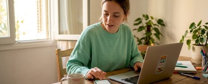 Content creator editing video at kitchen workspace