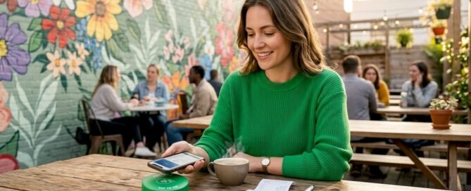 Customer using phone to tip at café