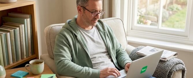 Man tipping contractor at laptop in home office