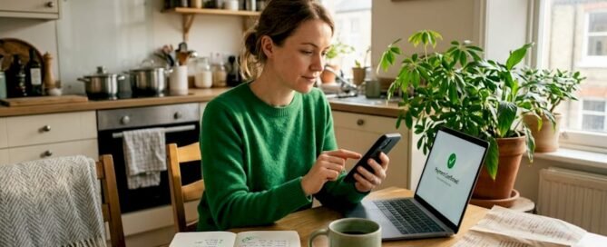 Woman sending digital tip at kitchen table