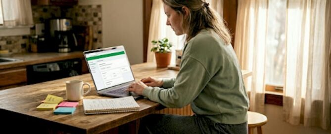 Woman at kitchen table setting up tipping link
