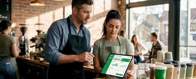 Cafe manager and barista viewing digital tipping tablet