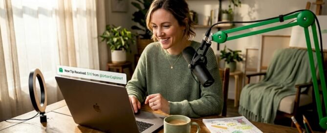 Content creator checking tip notification on laptop