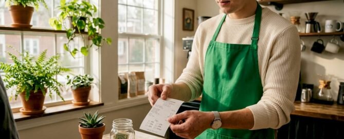 Barista showing receipt with tipping options