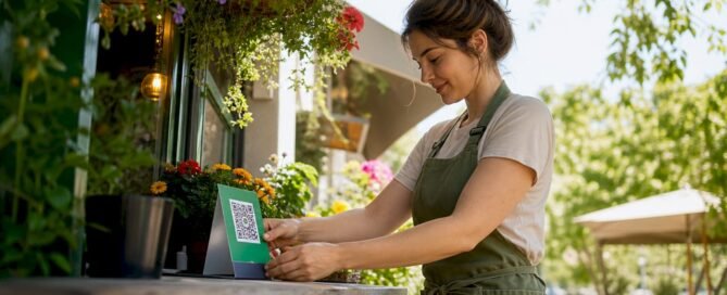 Small business owner setting up cashless tipping QR code