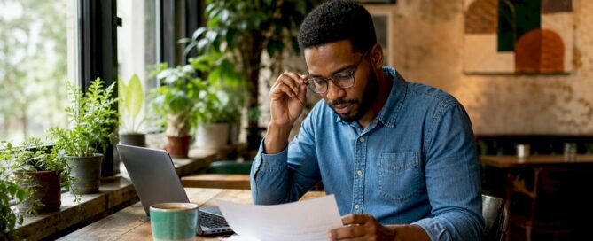 Freelancer reviewing project invoice at home office
