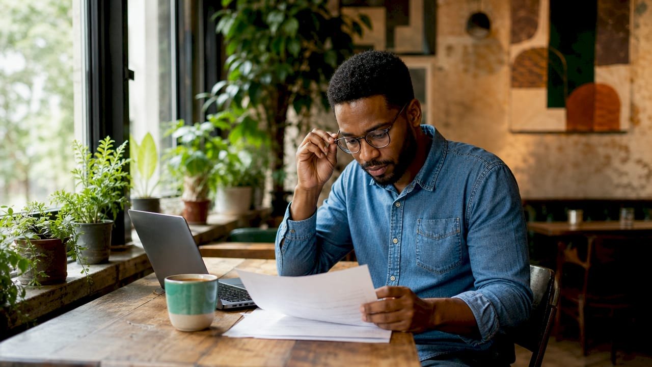 Freelancer reviewing project invoice at home office