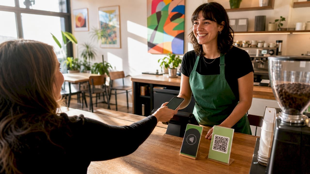 Business owner assisting customer with digital tip payment at café counter