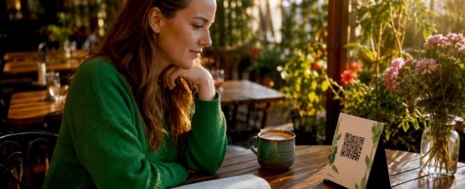 Woman scanning tipping link QR code at cafe table