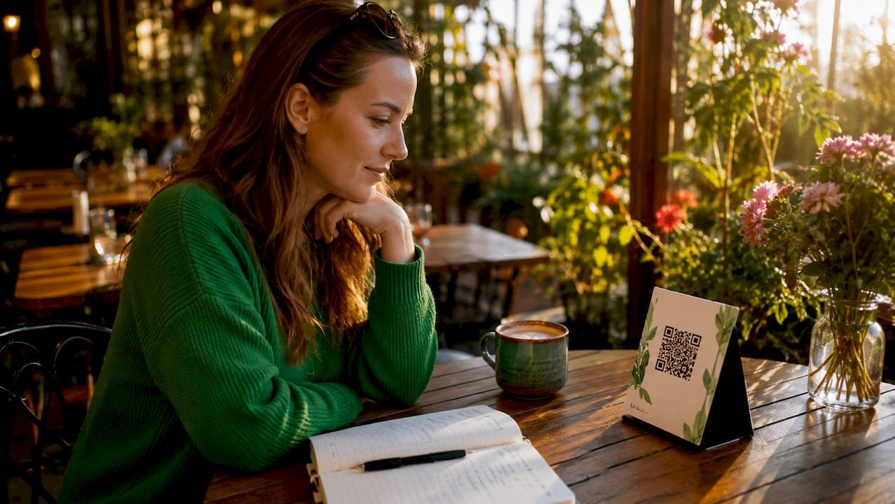 Woman scanning tipping link QR code at cafe table
