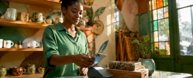 Woman using Apple Pay to tip at retail checkout