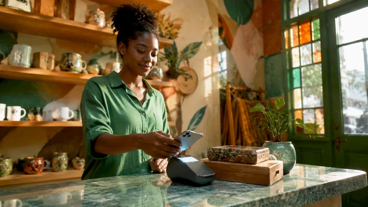 Woman using Apple Pay to tip at retail checkout