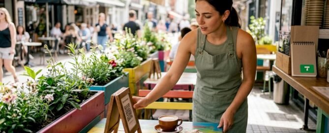 Barista setting up tip link sign in coffee shop