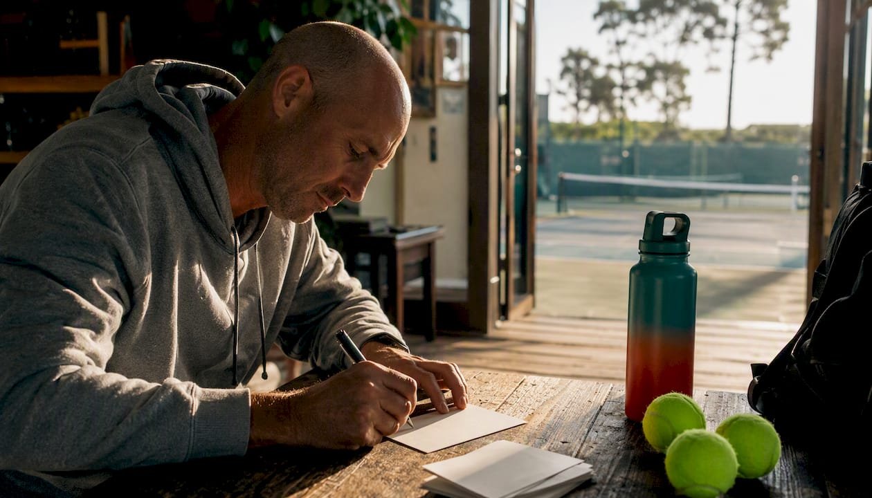 Tennis coach writing thank-you note at desk