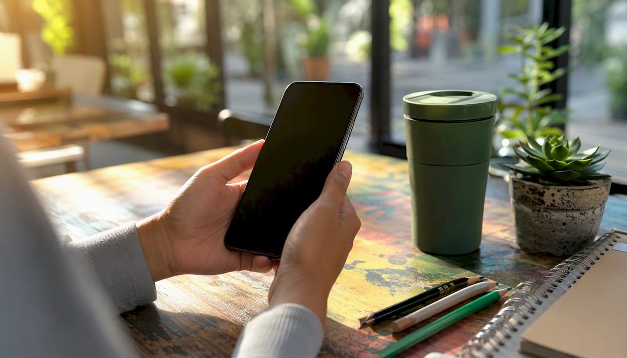 Hands setting up tip link on smartphone