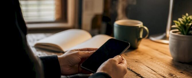 Freelancer holding smartphone over workspace