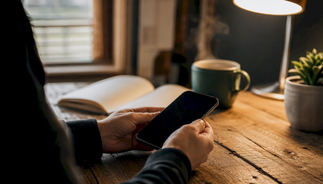 Freelancer holding smartphone over workspace