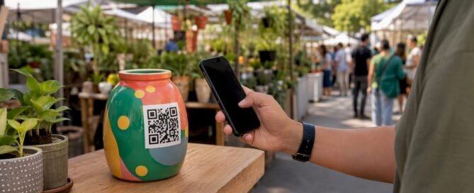 Hand scanning QR code at cafe counter