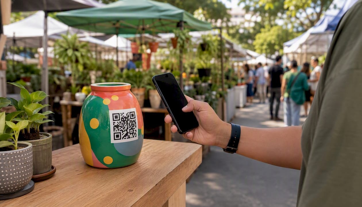Hand scanning QR code at cafe counter