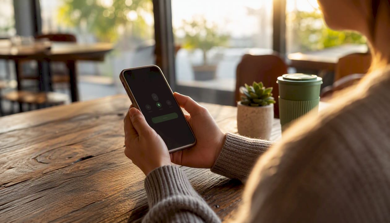 Hands holding smartphone confirming tip payment