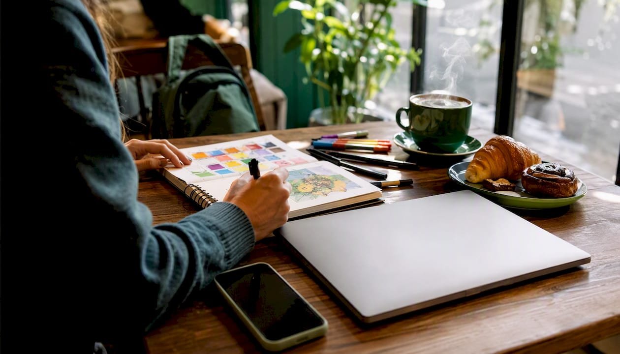Freelancer tools arranged on a home desk