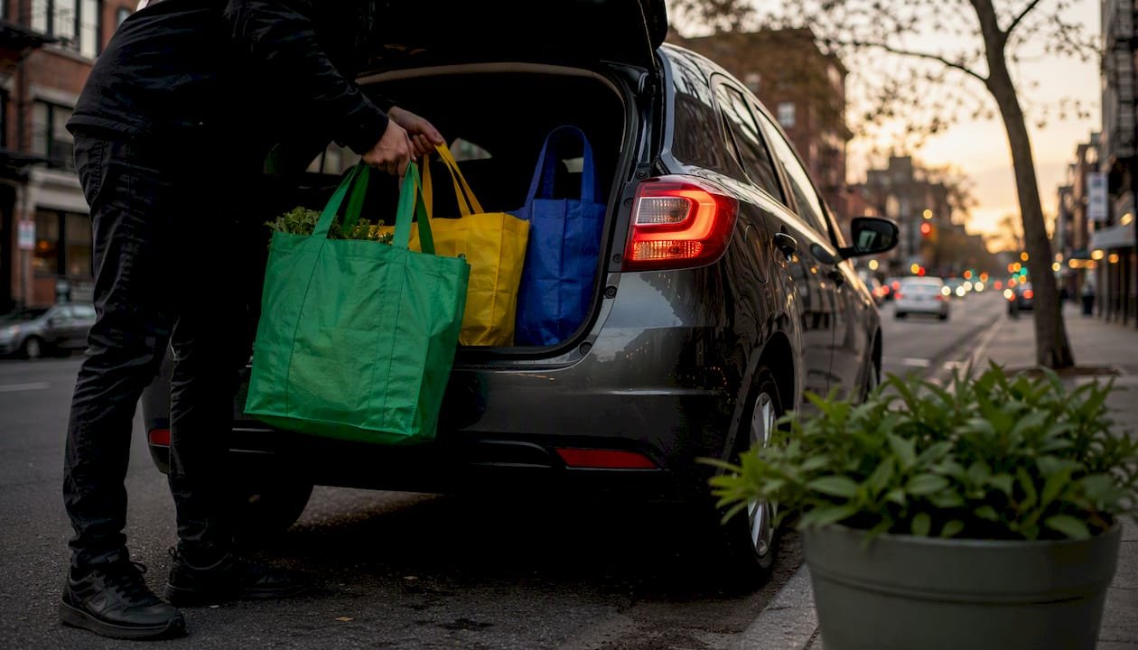 Hands loading grocery bags into car trunk