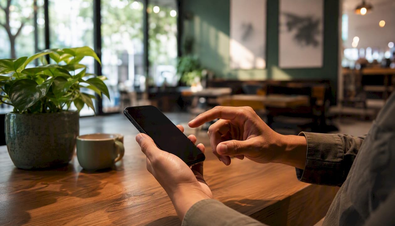 Hands sharing payment link on smartphone
