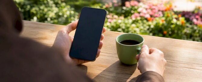 Hands tapping smartphone near QR code for payment