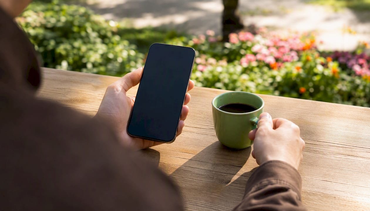 Hands tapping smartphone near QR code for payment
