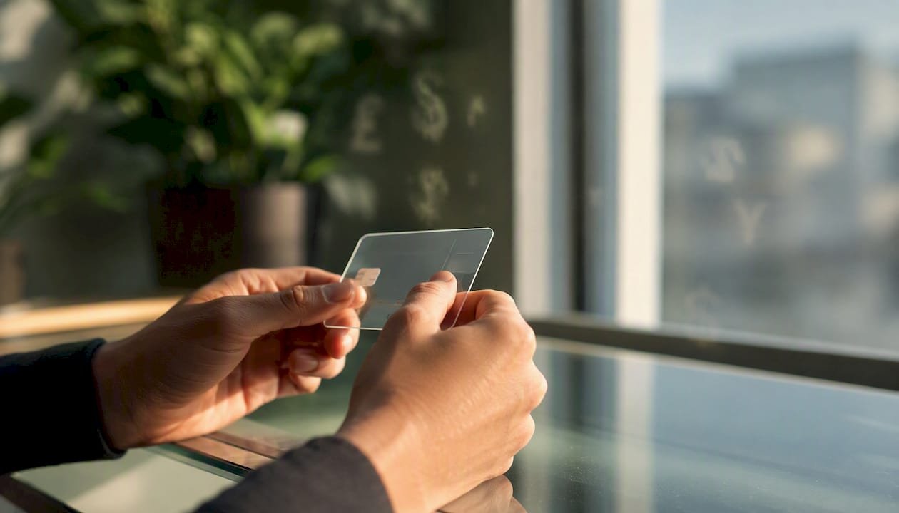 Hands holding virtual payment card replica