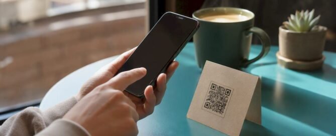 Hand tapping tip link QR code on café table
