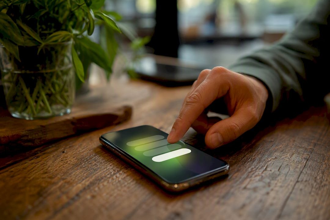 Thumb about to tap tip button on smartphone
