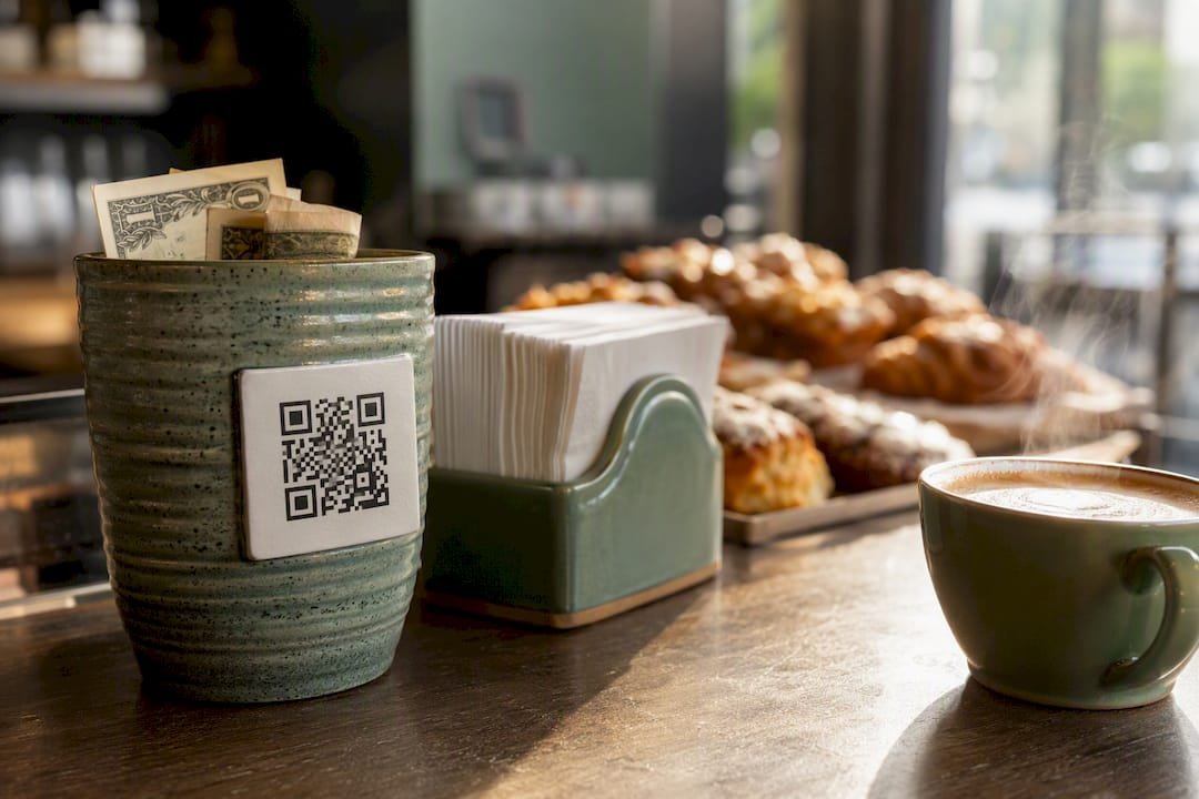 Tip jar with QR code on café counter