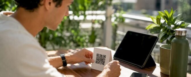 Hands placing QR code on desk