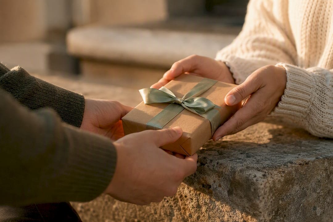 Hands giving a small gift box