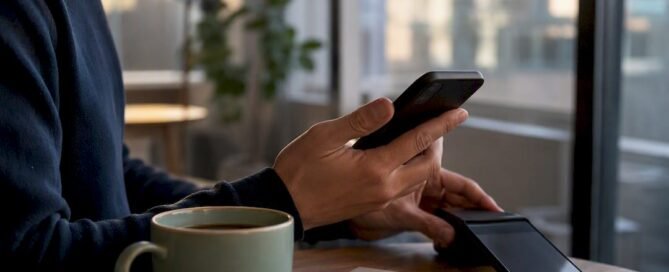 Hands holding phone setting up mobile tipping