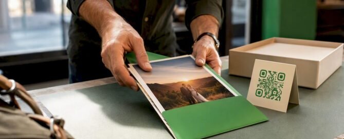 Photographer handing over prints with tip QR code