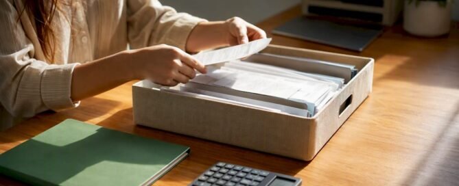 Creator organizing income records for taxes