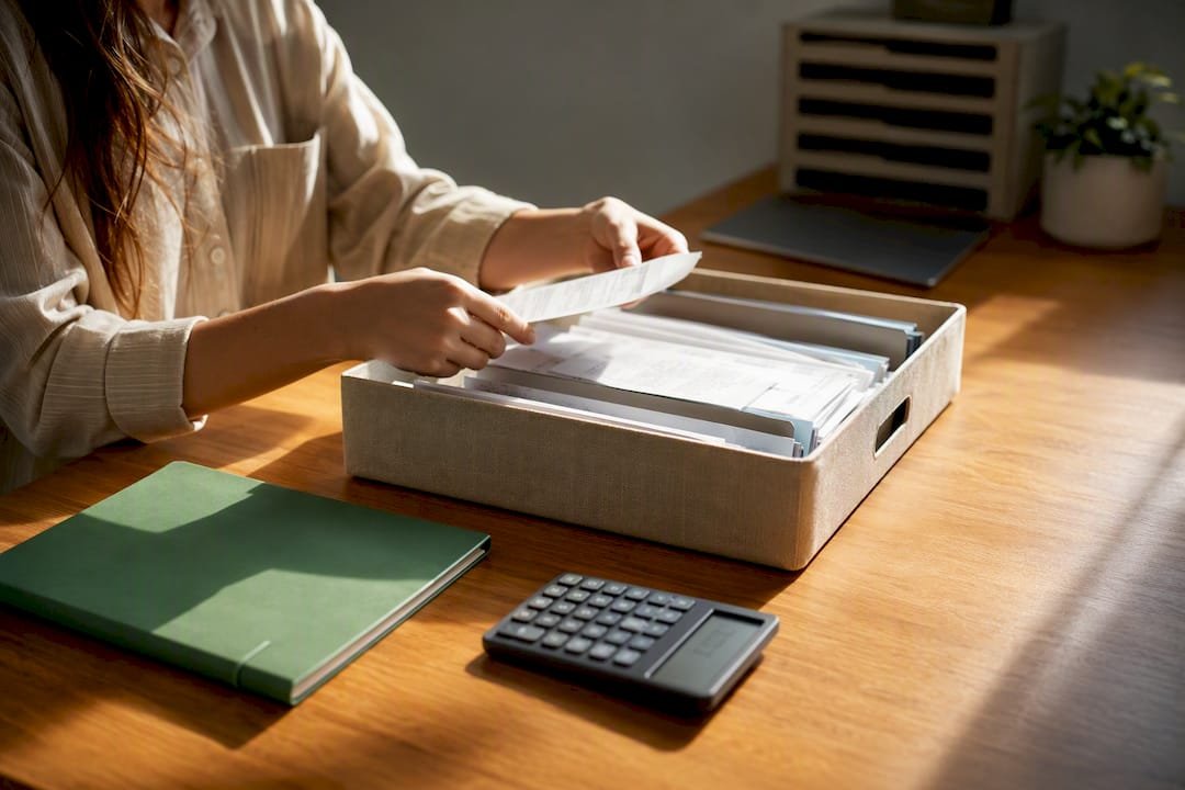 Creator organizing income records for taxes