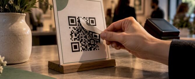 Hand inspecting a tampered QR code sticker