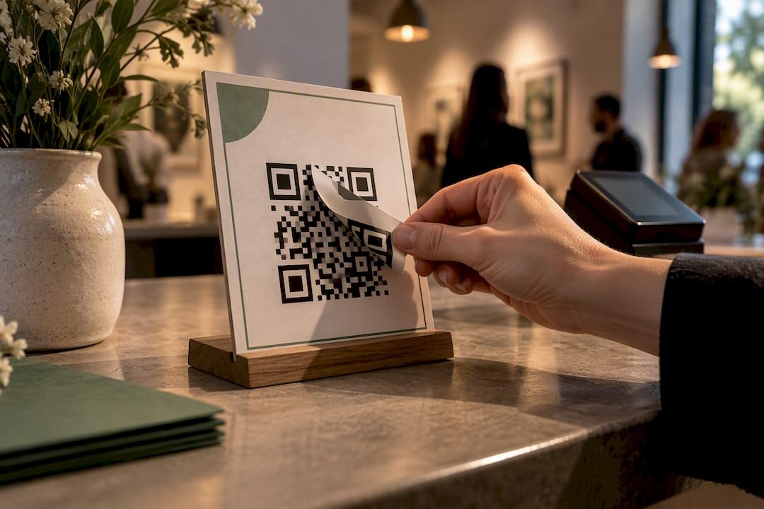 Hand inspecting a tampered QR code sticker