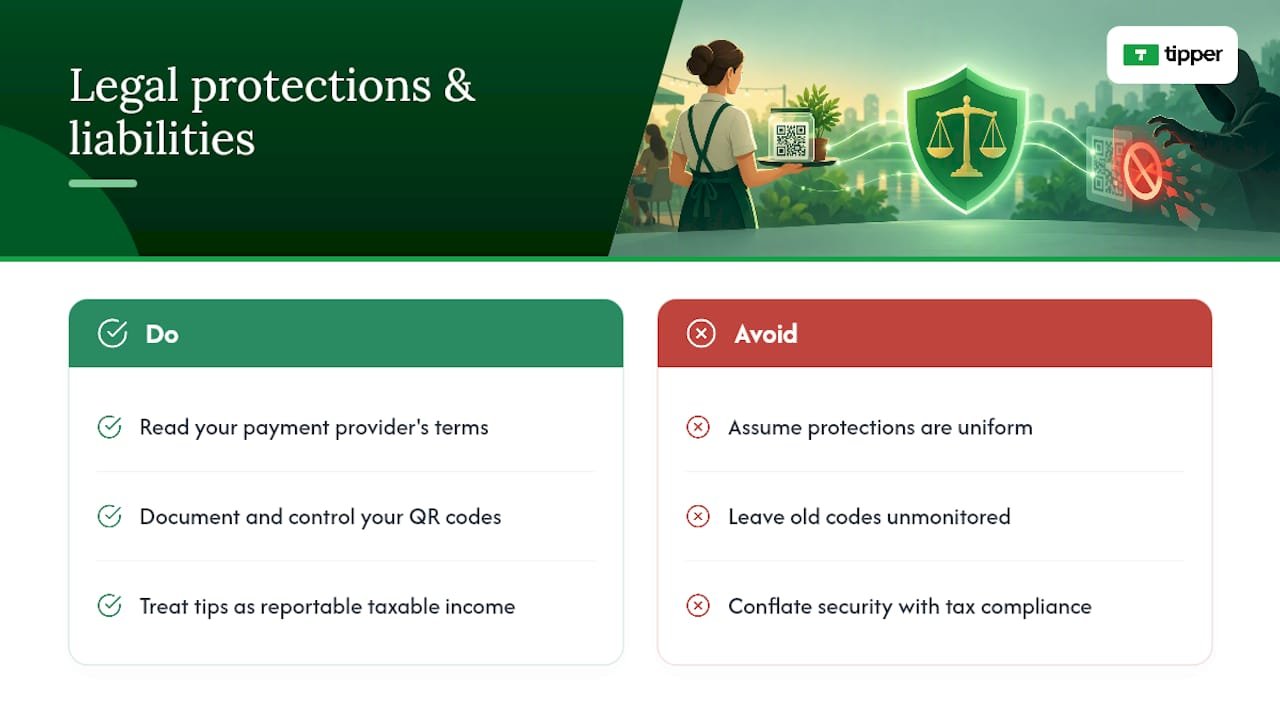 What Legal Protections and Liabilities Apply to QR Tipping? — overview diagram