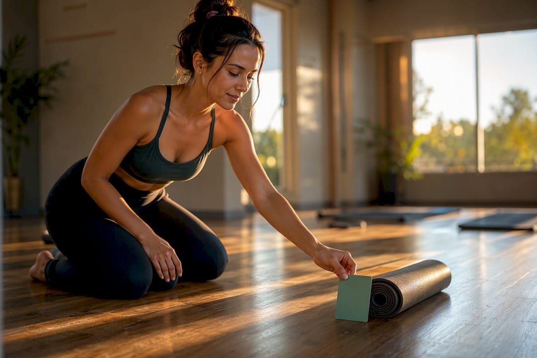 Yoga teacher setting out tip QR card
