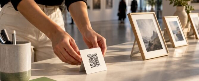 Creator placing QR code beside portfolio display
