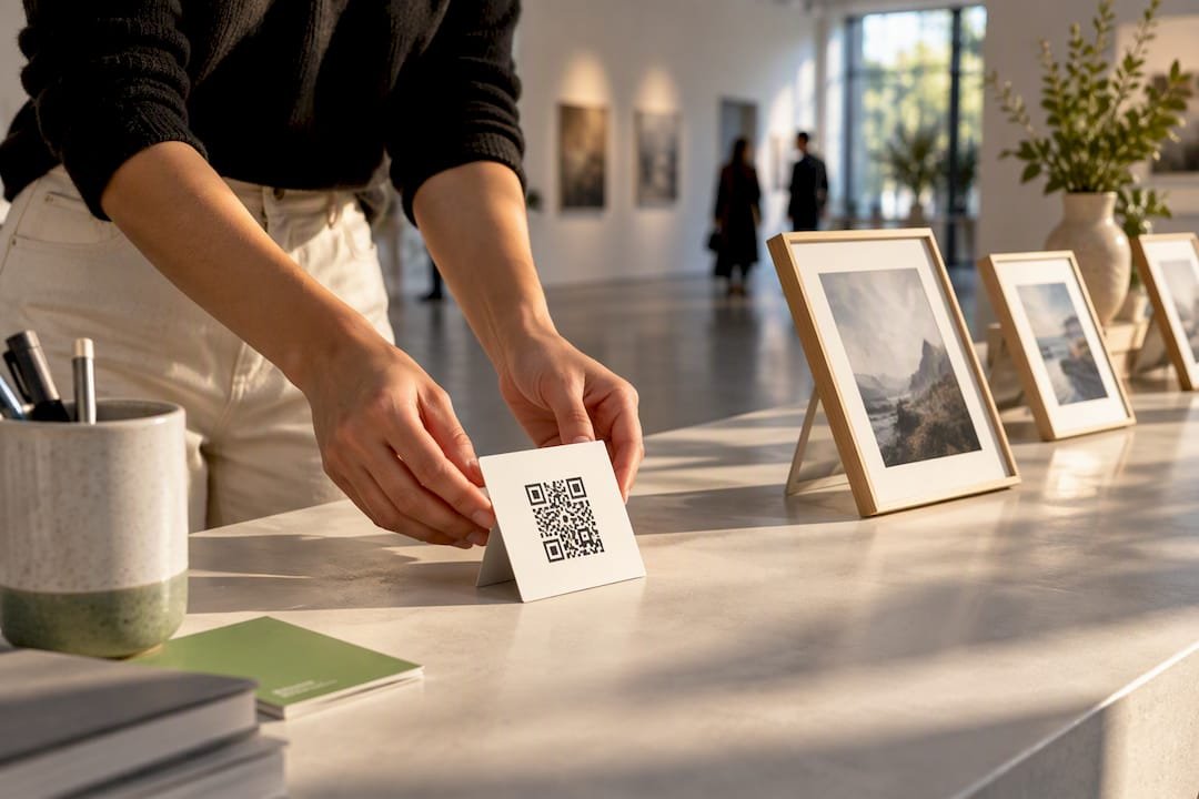 Creator placing QR code beside portfolio display