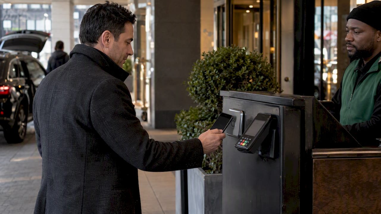Guest tapping phone near valet NFC tag