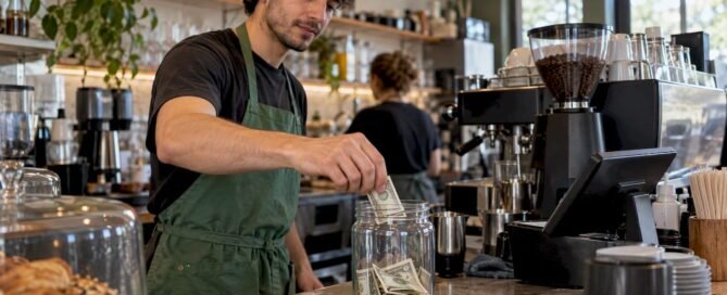 Barista adding bills to a cafe tip jar