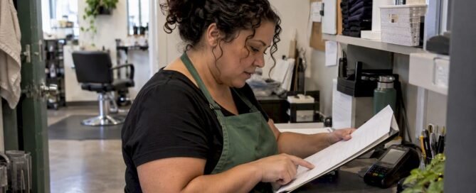 Salon owner reviewing a PCI self-assessment