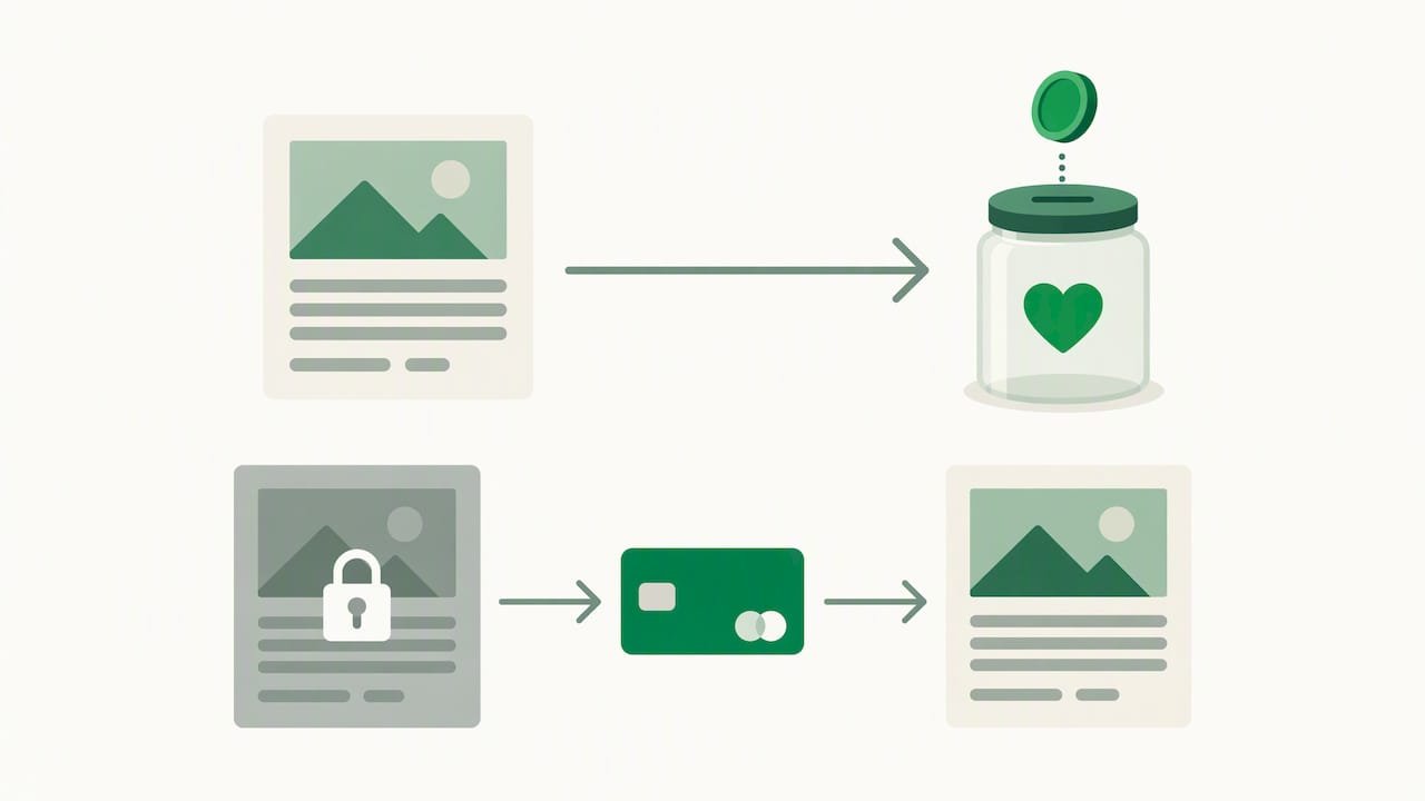 Optional tip follows content; payment gate blocks access